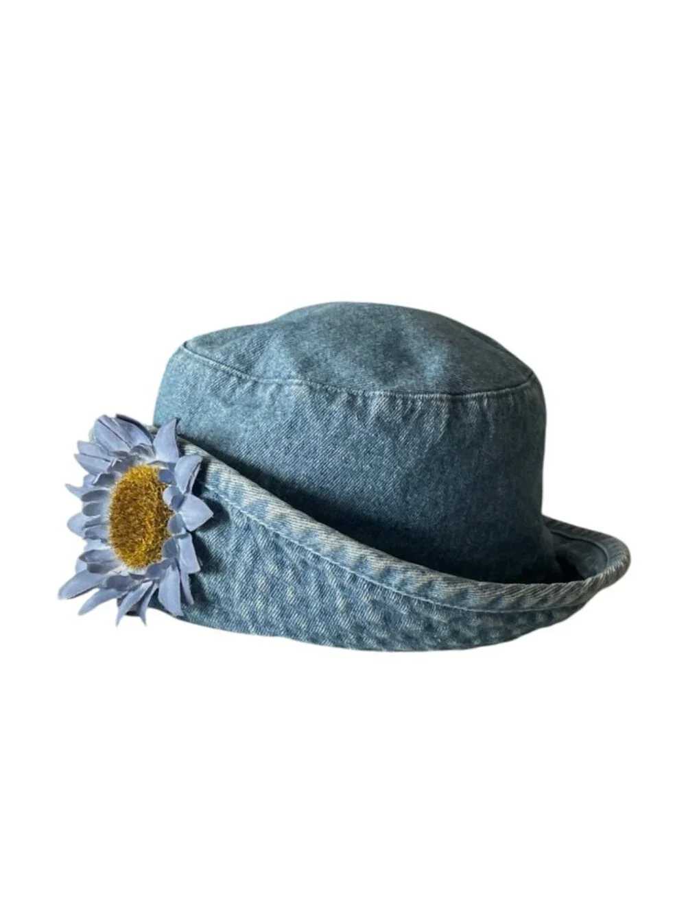 Vintage 90s Denim Bucket Hat w/ Blue Daisy Flower Accent, 100% Cotton - Picture 2 of 10